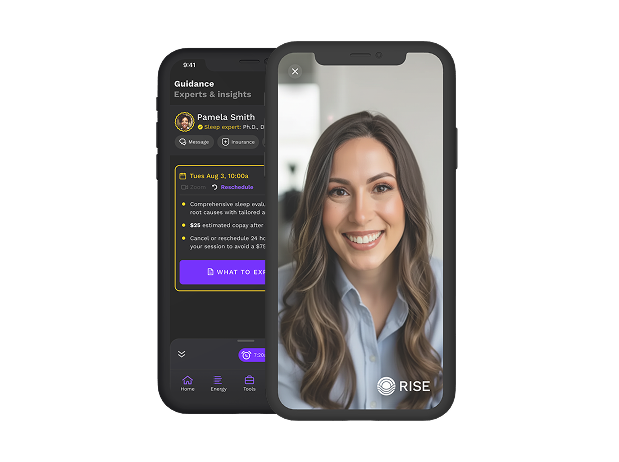 RISE Sleep Clinic app showing a video session with a sleep psychologist